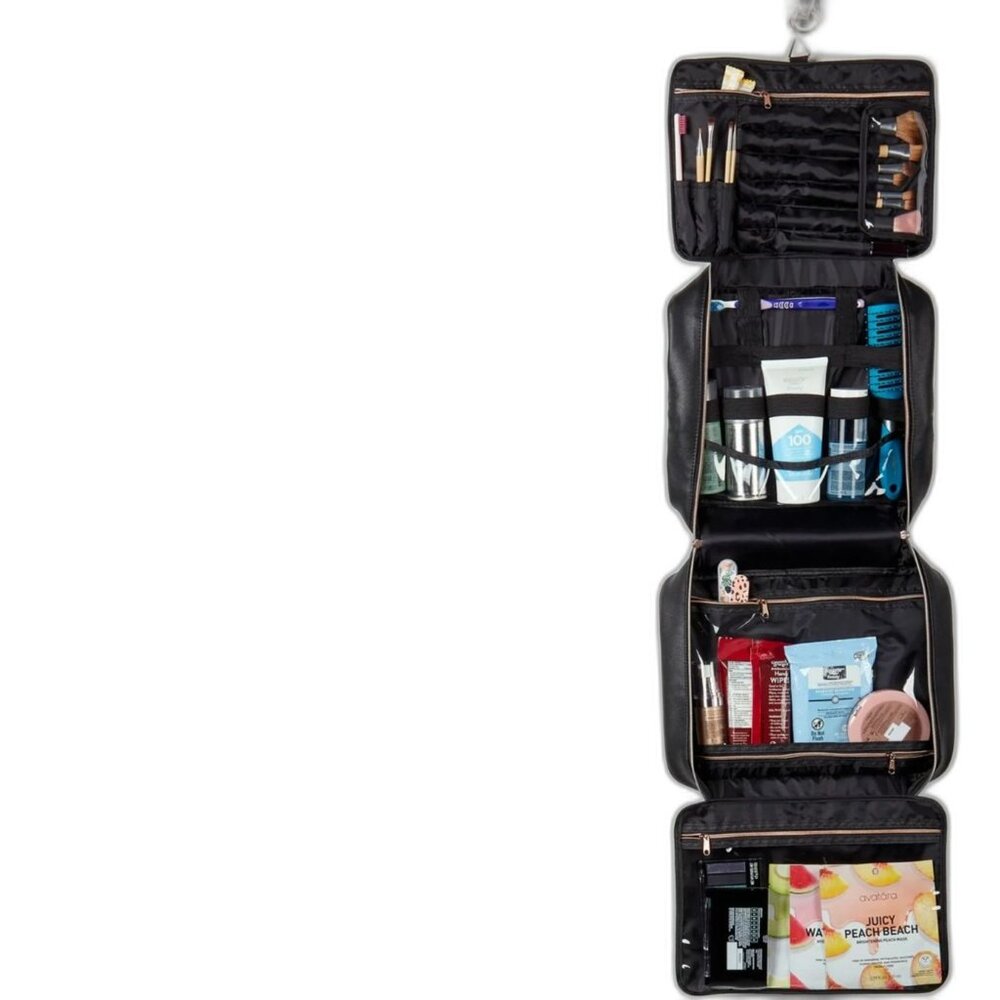 Travel Cosmetic Toiletries Large Hanging Hook Bag Black Saffiano Leather NEW - Picture 3 of 6